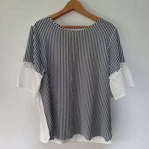 Boho Van Heusen Navy & White stripe lace sleeved top, M